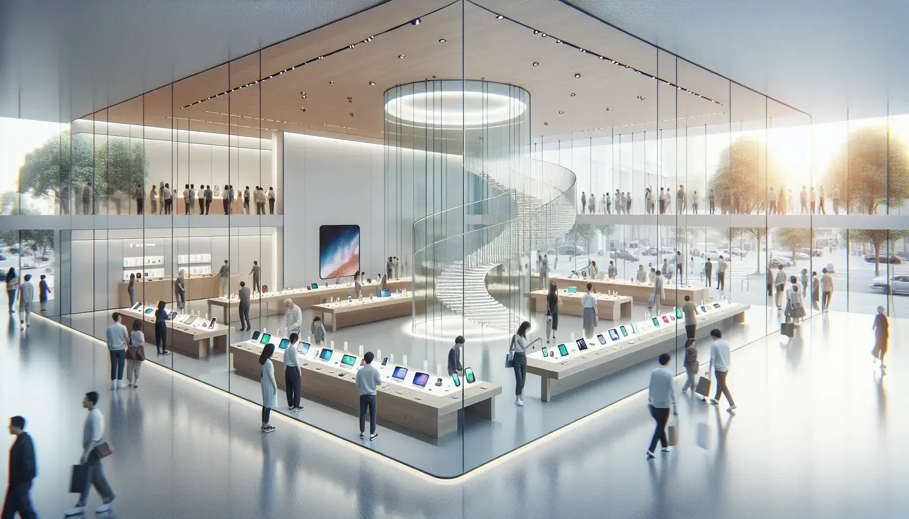 Contemporary technology store with minimalist design, glass walls, wooden display tables with gadgets, and a central spiral staircase.