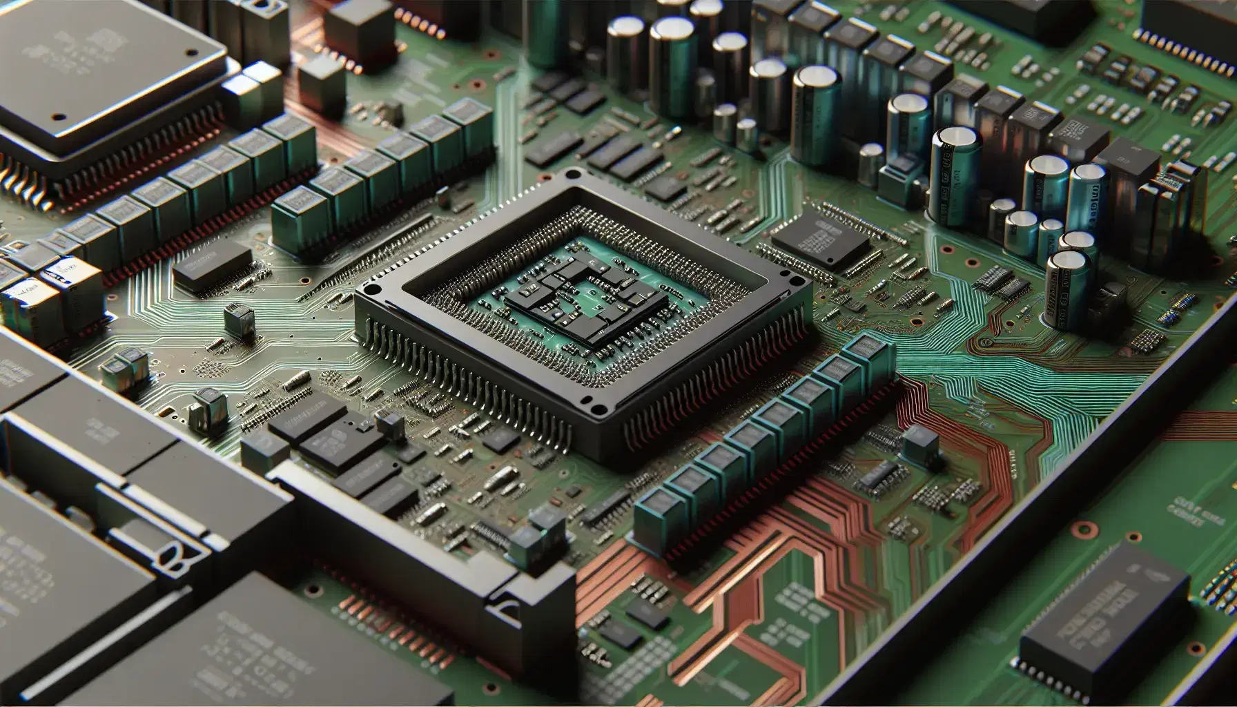 Close-up of a computer motherboard with electronic components, square chip with metal pins and copper paths on a green base.