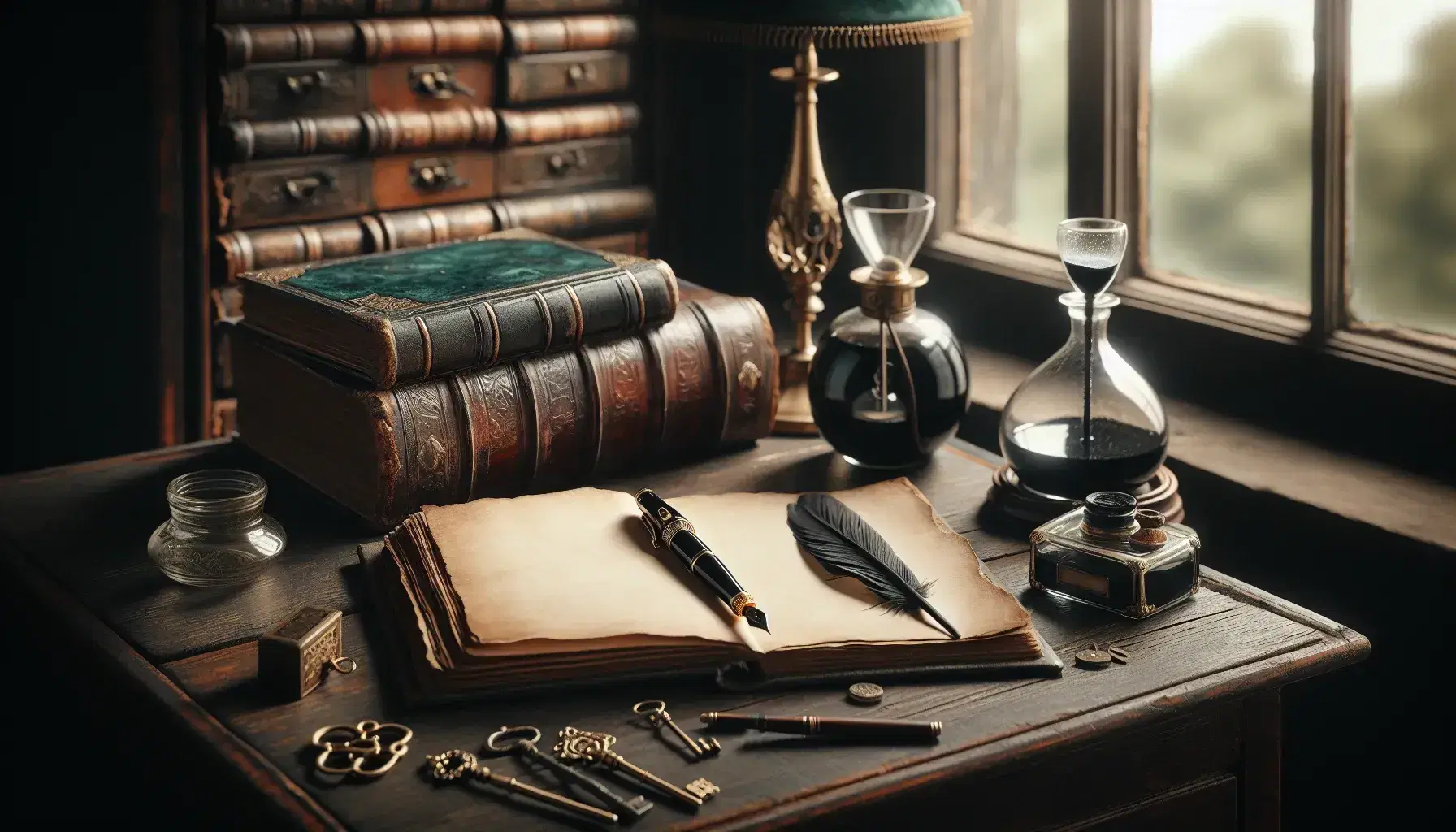 Scrivania in legno scuro con libro antico aperto, penna stilografica nera, calamaio di vetro, clessidra e mazzo di chiavi vecchie, lampada accesa sullo sfondo.