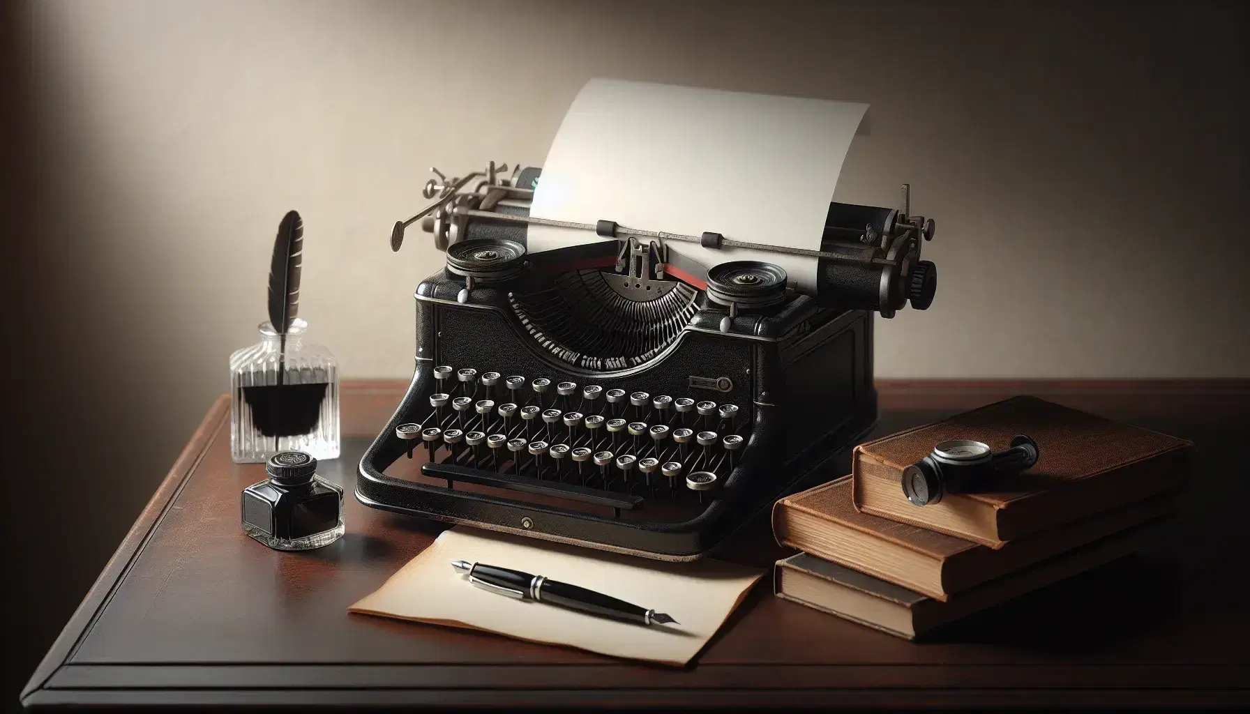 Máquina de escribir antigua con teclas redondas sobre mesa de madera oscura, acompañada de pluma fuente y tintero de cristal, junto a libro abierto en atril.