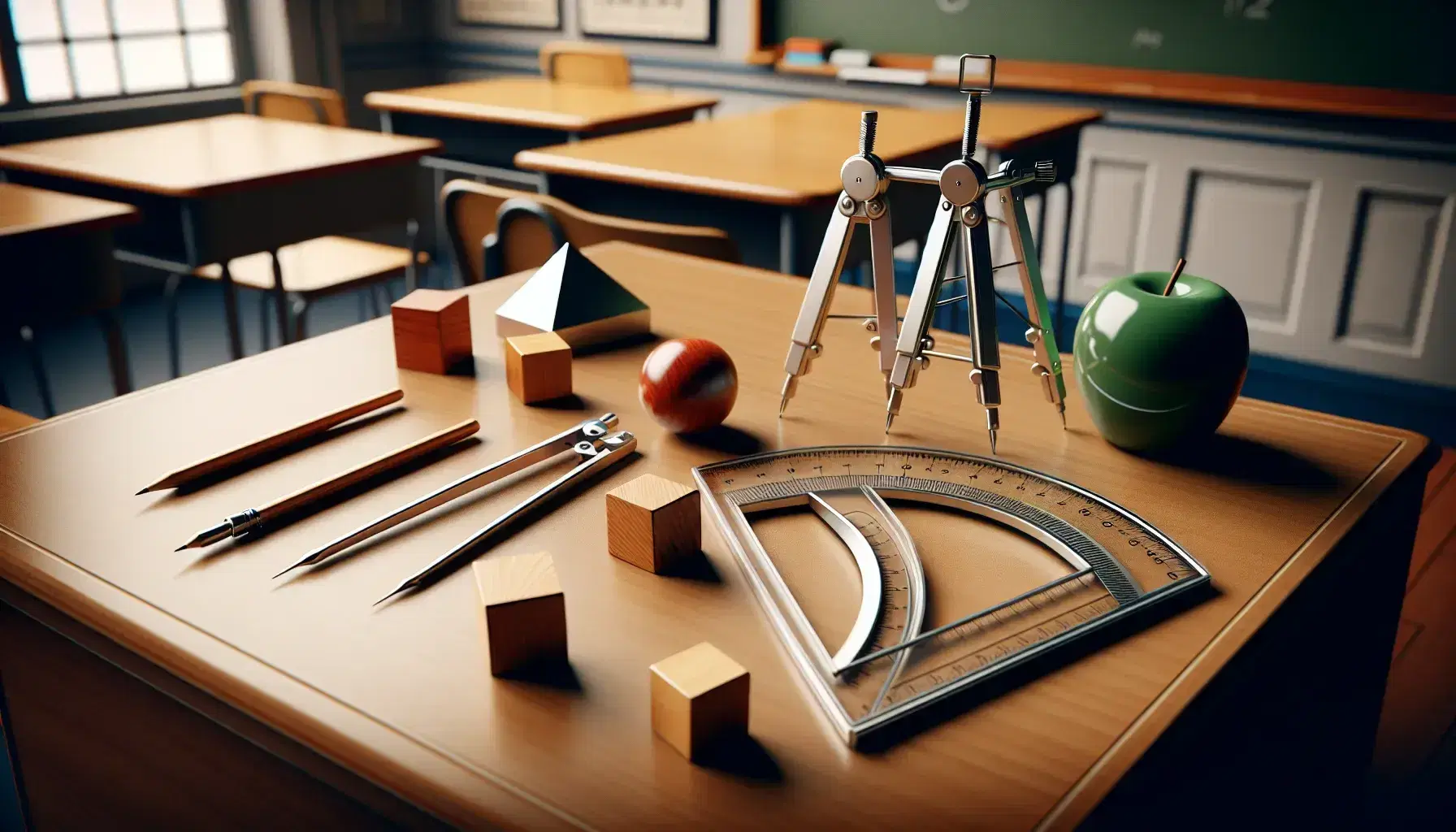Wooden teacher's desk with mathematical tools including a silver compass, clear protractor, and polished geometric shapes next to a glossy green apple.