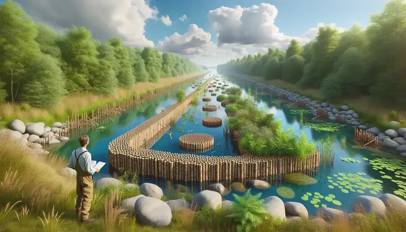 Ingegnere ambientale esamina rinforzi di argini fluviali con fascine di legno e pietre, tra vegetazione rigogliosa e cielo azzurro riflesso nell'acqua.