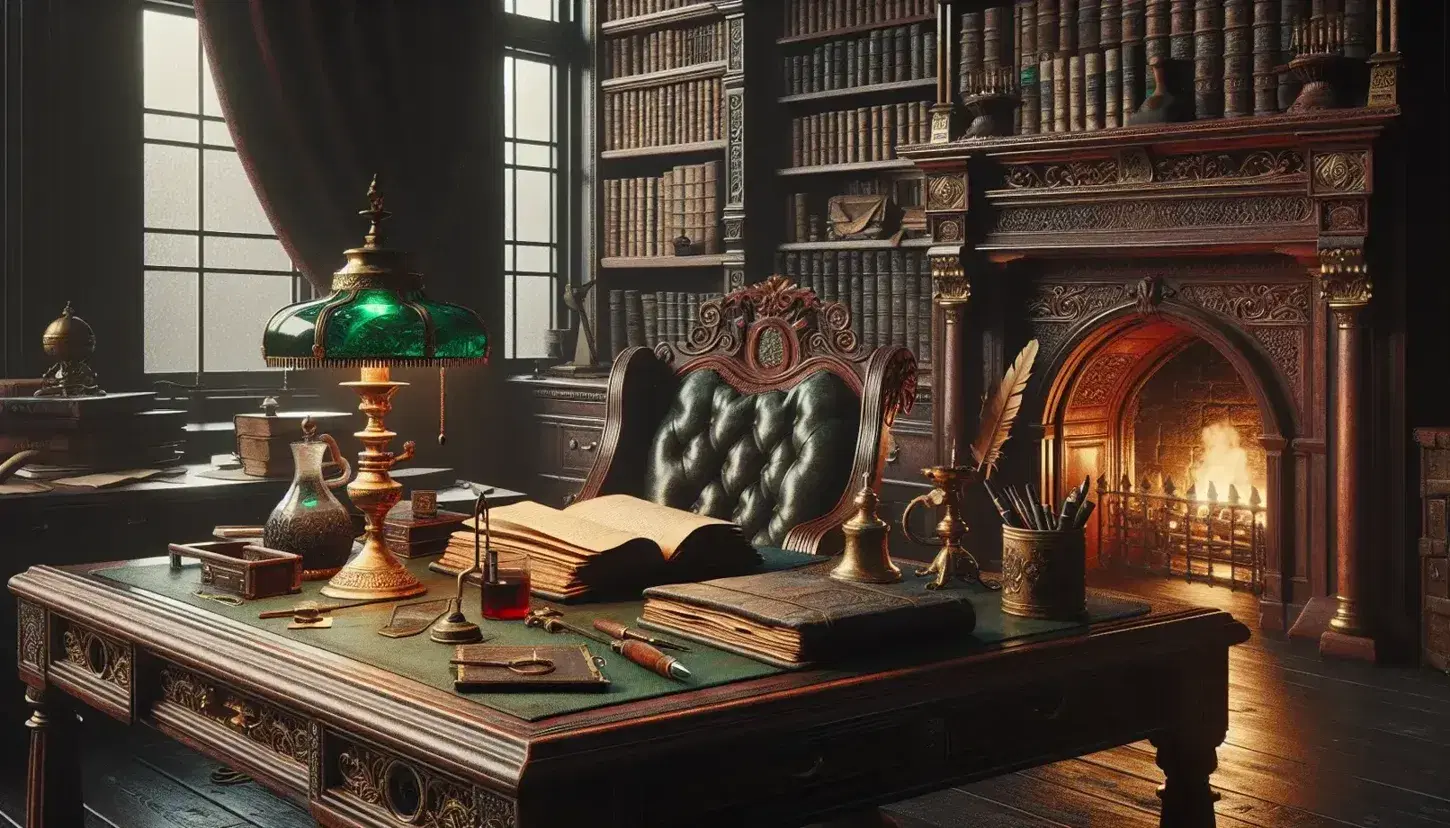 Victorian study with ornate desk, green-shaded brass lamp, leather-bound books, fireplace, and a stuffed duck on a pedestal.