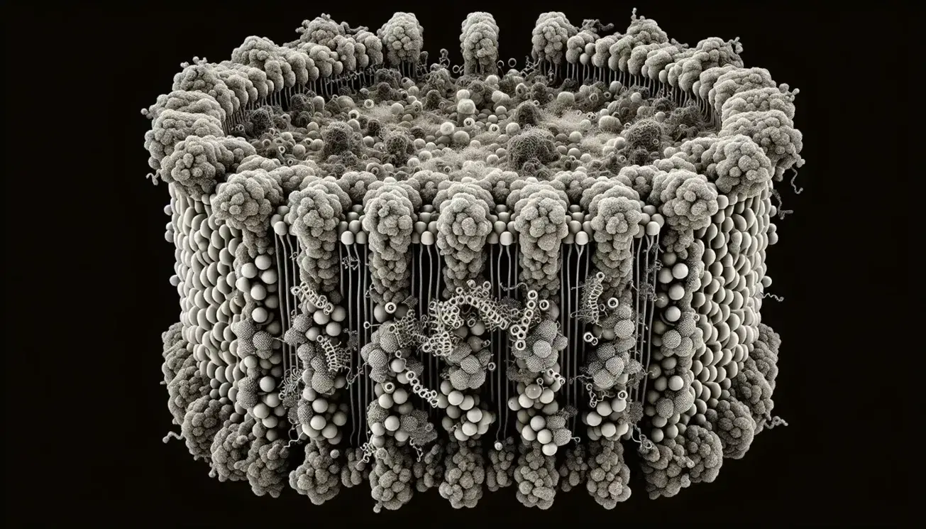Rappresentazione tridimensionale dettagliata di una membrana plasmatica con fosfolipidi, proteine integrali e periferiche, evidenziando la struttura bilayer.