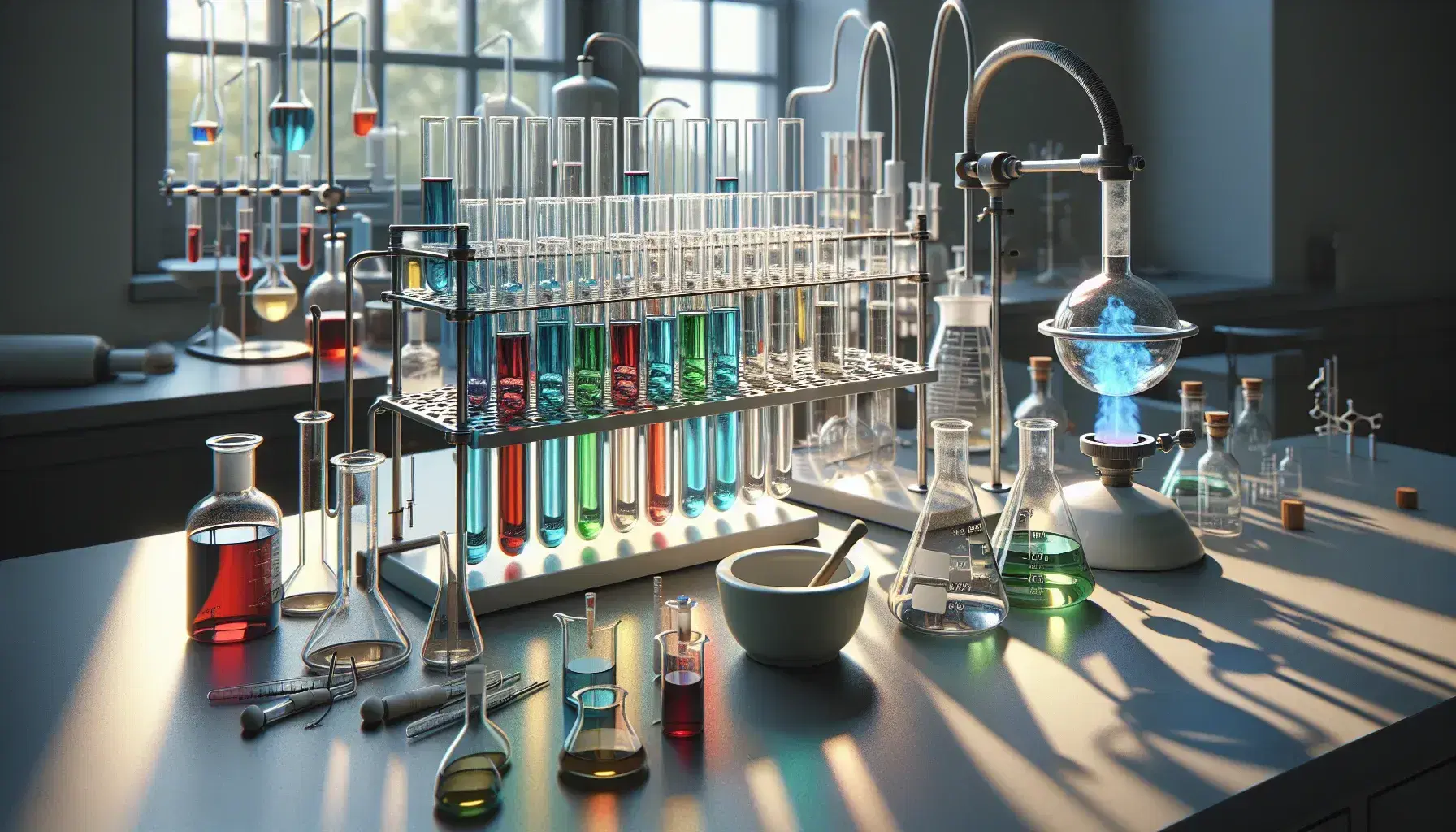 Laboratorio chimico con provette colorate, becher, bruciatore Bunsen acceso e mortaio con pestello su banco lavoro.