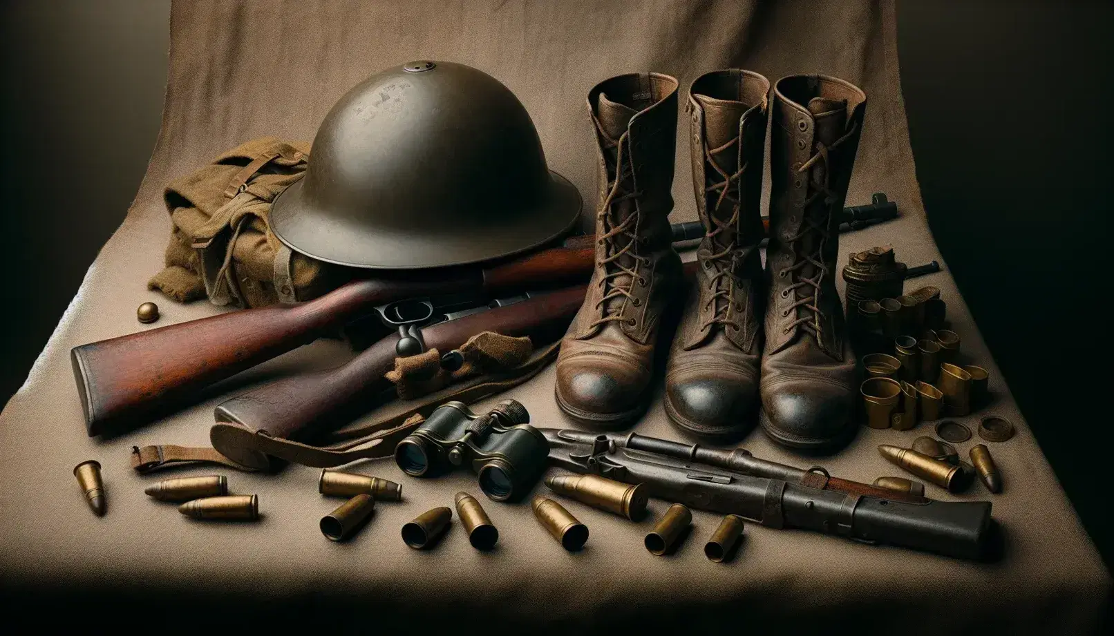 World War I military artifacts including a khaki-green steel helmet, worn brown leather boots, a vintage rifle, dangling binoculars, and brass shell casings.