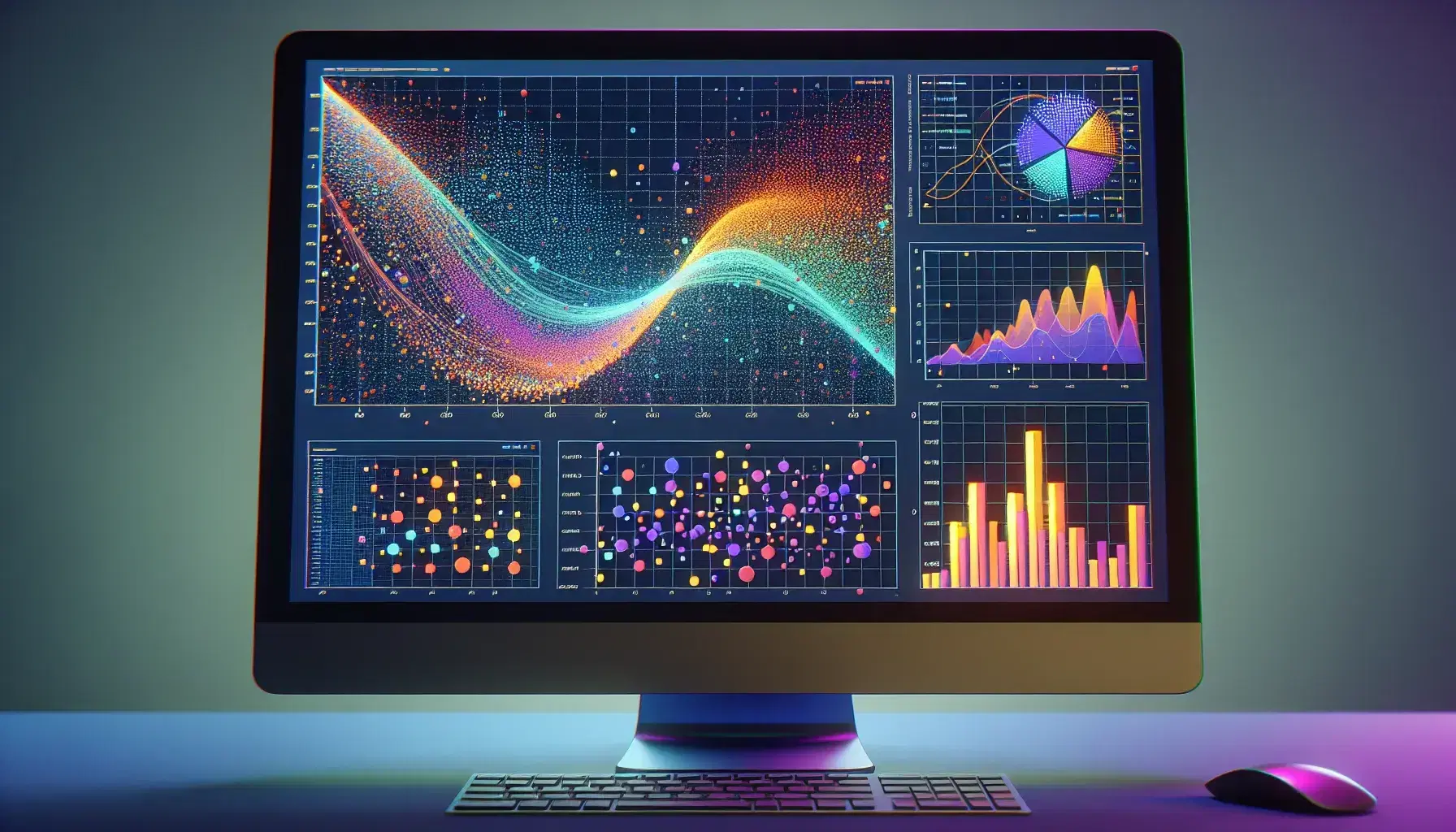 Monitor with colorful graphs, including a blue-green line graph, a red-orange histogram and a purple-yellow scatterplot on a gray background.