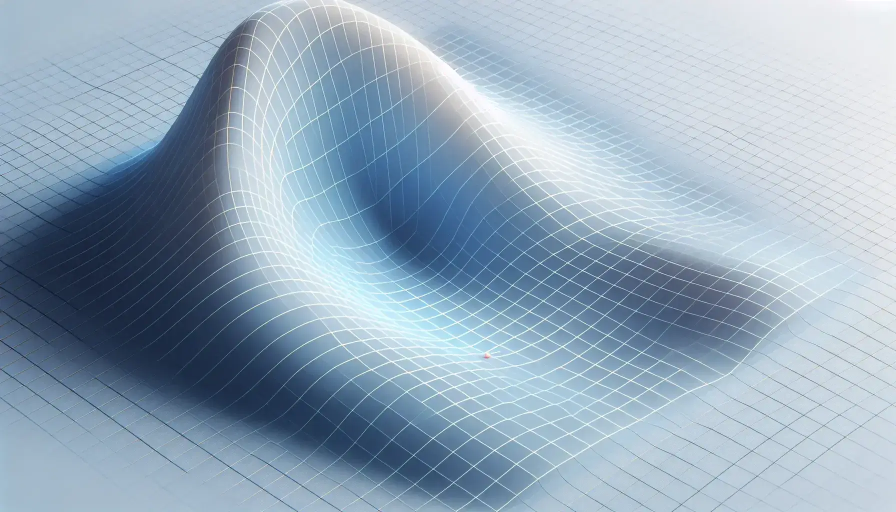 Three-dimensional graphing surface with peaks and valleys in semi-transparent blue, featuring a contrasting light orange tangent plane touching at a marked red dot.