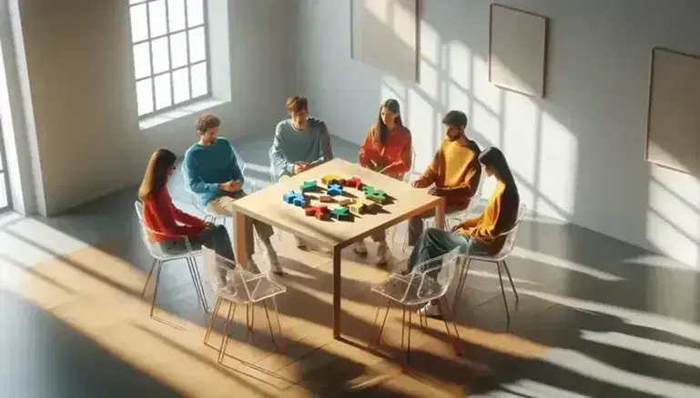 Gruppo di cinque persone sedute in cerchio su sedie trasparenti intenti a comporre puzzle geometrici su tavolo in legno chiaro, in ambiente luminoso.