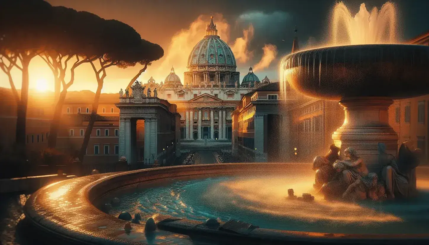 Vista parziale di Roma al tramonto con la cupola di San Pietro illuminata dall'ultima luce, fontana in primo piano e cielo sfumato.