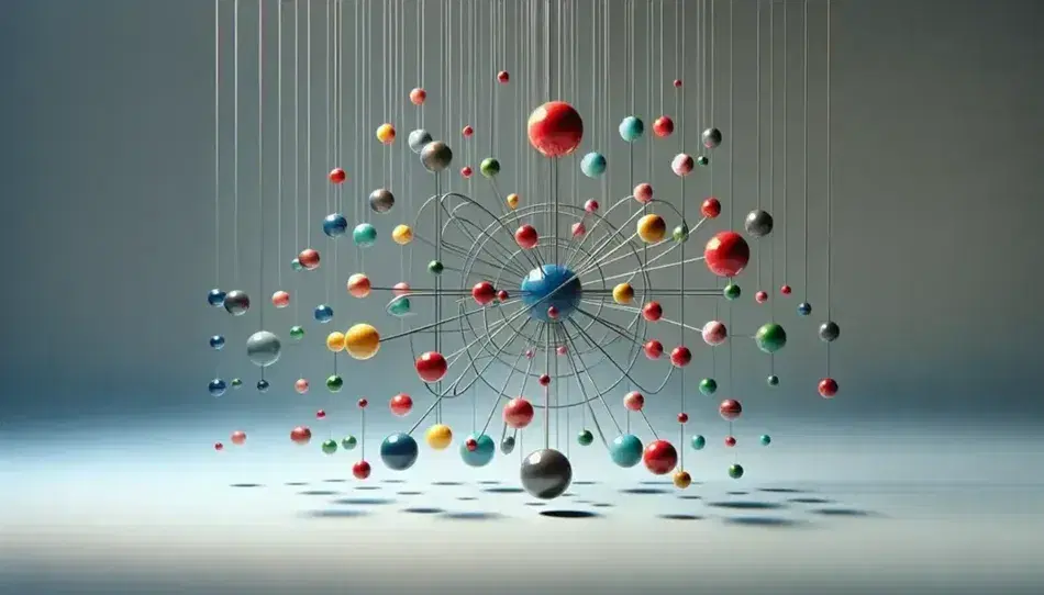 Sfere colorate sospese che simulano la struttura atomica con nucleo rosso centrale e orbite di elettroni su sfondo grigio chiaro.