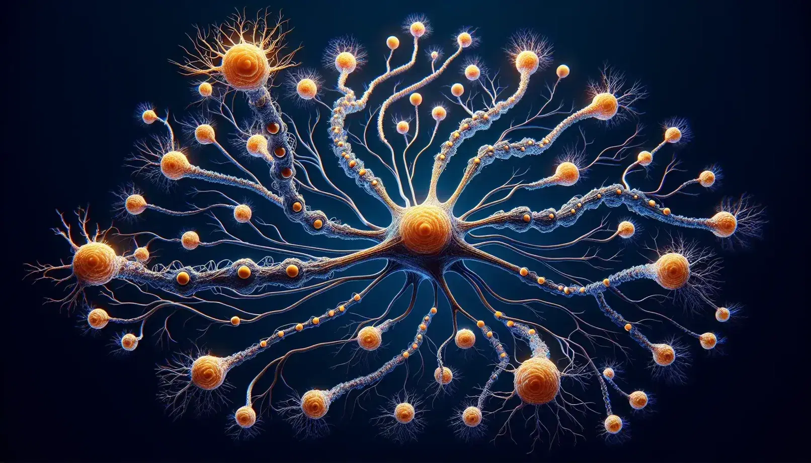 Red de neuronas interconectadas con una neurona central de tono naranja brillante y dendritas en un fondo azul profundo, destacando su axón con nódulos de Ranvier y vaina de mielina.