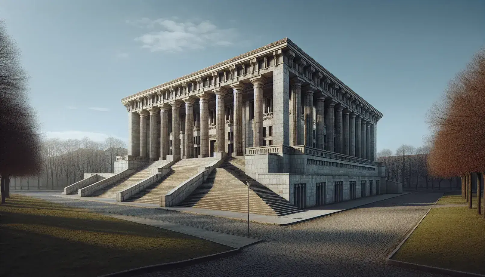 Edificio clásico con columnas y frontón triangular sobre escalinatas, rodeado de jardines verdes bajo un cielo azul despejado.