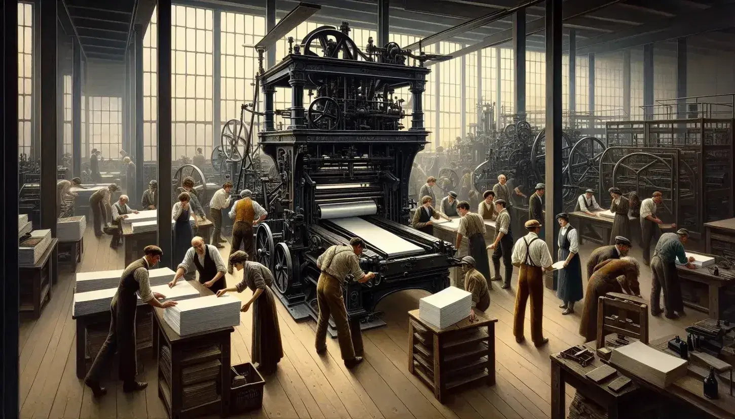 Gruppo di persone lavora attorno a una storica macchina da stampa, maneggiando carta e inchiostro in ambiente industriale d'epoca.