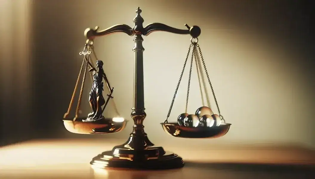 Balanza de dos platos dorada equilibrada con figura de bronce simbolizando la justicia en un lado y esferas de vidrio en el otro, sobre superficie de madera.