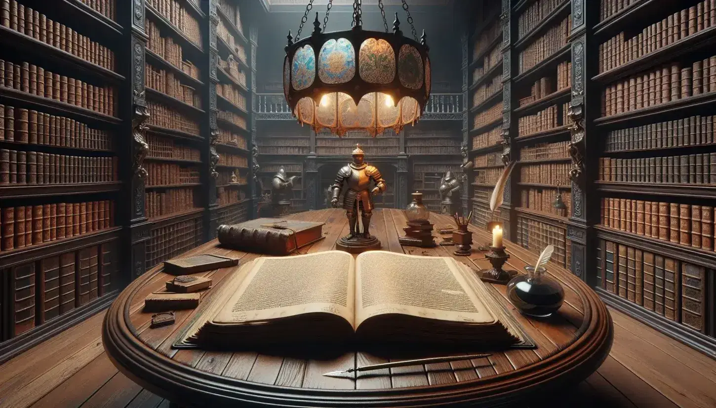 Antica biblioteca con scaffali di libri in pelle, tavolo con libro aperto, calamaio e penna d'oca, statuetta di guerriero e armature medievali.