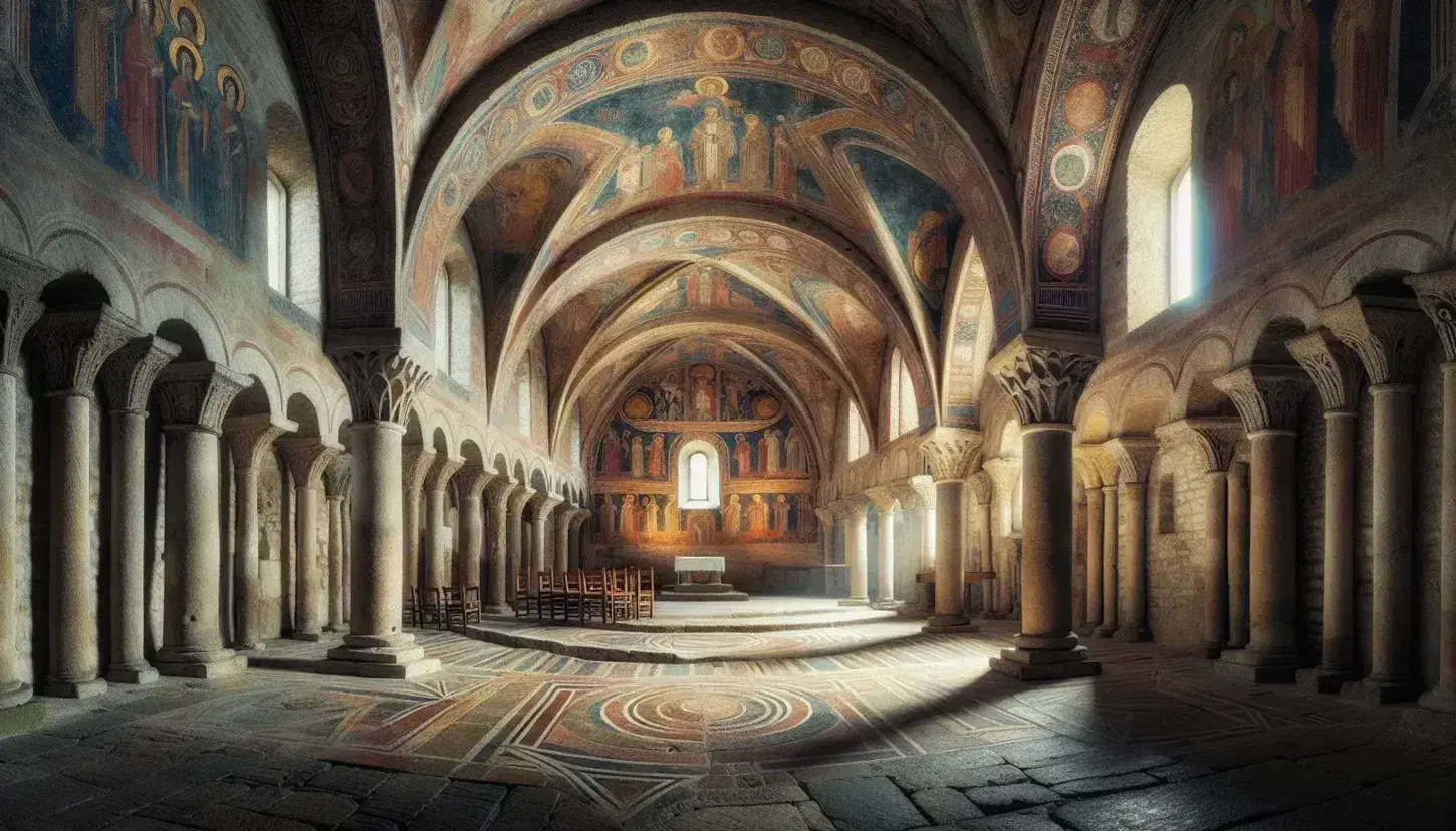Interno di chiesa romanica con colonne in pietra, archi a tutto sesto e affreschi vivaci di scene religiose, pavimento geometrico e soffitto a volta.