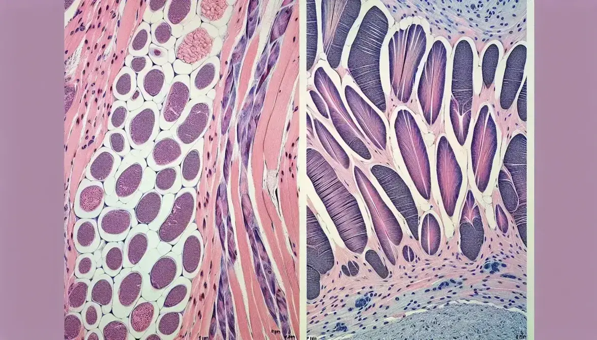 Vista microscópica de tejido muscular con células alargadas de músculo liso y células estriadas de músculo cardíaco, teñidas en tonos rosas y morados.