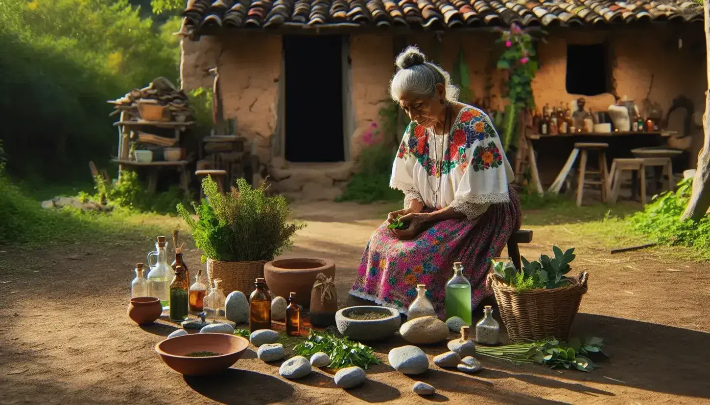 Anciana mexicana en atuendo tradicional preparando hierbas en altar de tierra con cestas y botellas, frente a casa de adobe bajo cielo azul.