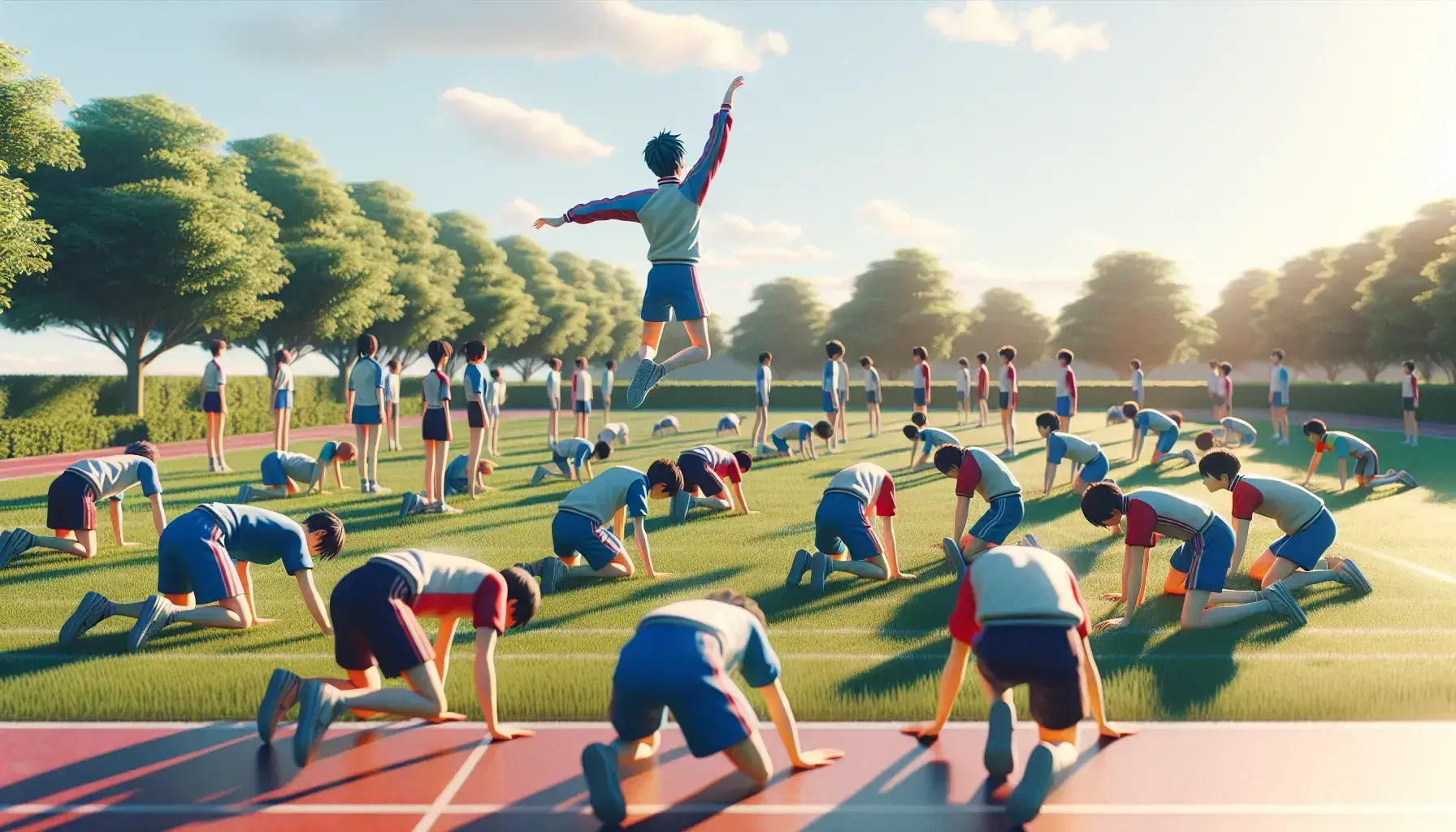 Estudiantes haciendo ejercicio en campo de césped, con uno saltando y otros estirando y haciendo flexiones, bajo cielo azul.