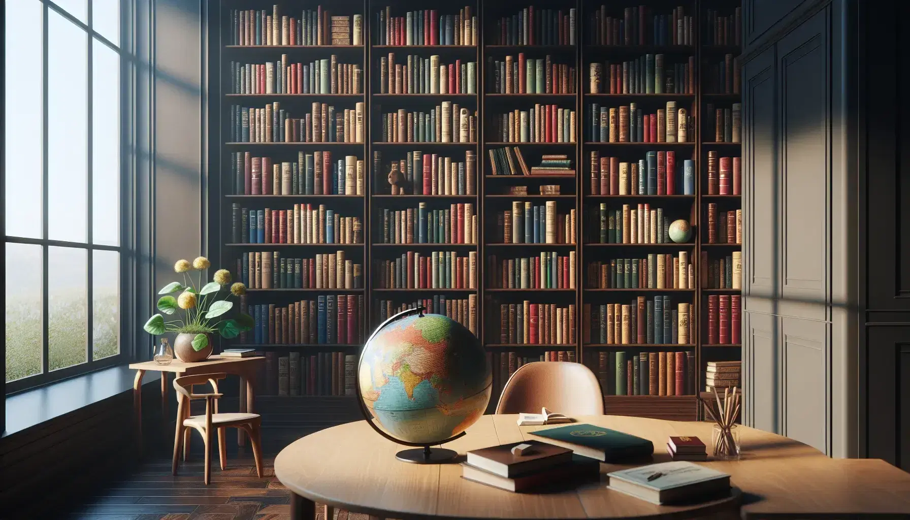 Biblioteca acogedora con estanterías de madera oscura repletas de libros coloridos, mesa con globo terráqueo y planta con flor amarilla bajo luz suave.