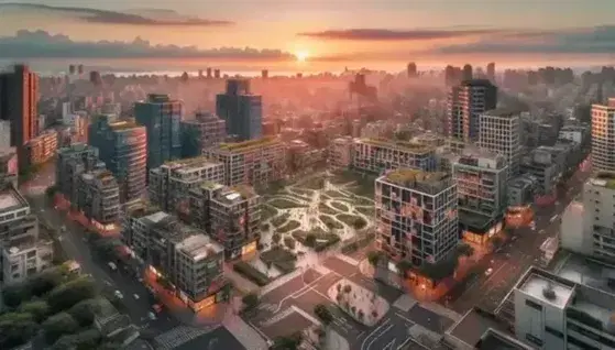 Vista panorámica de ciudad densamente poblada al atardecer con rascacielos reflejando tonos anaranjados y rosados, parque urbano y calles concurridas.