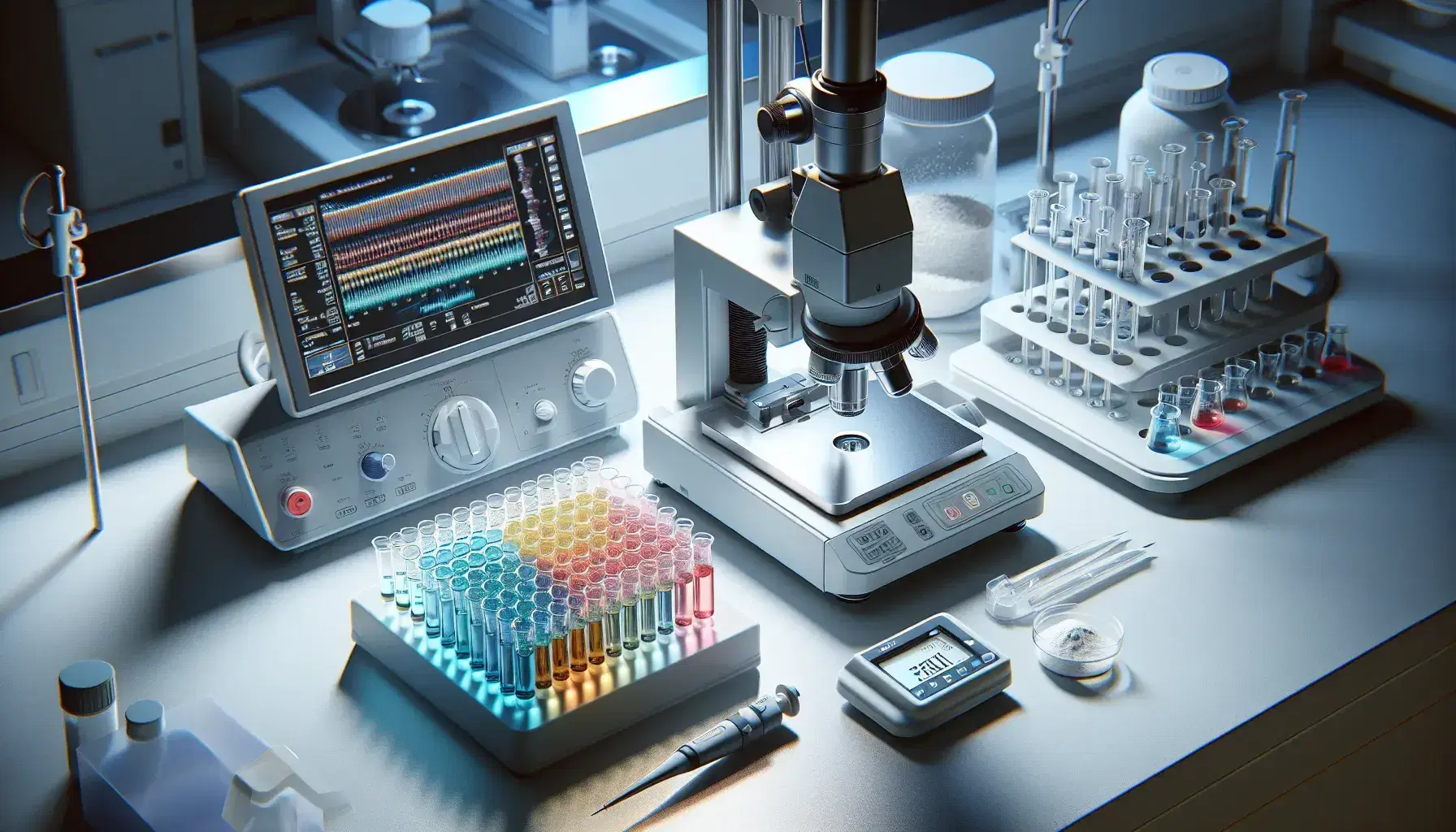 Primer plano de un laboratorio de biología molecular con microscopio electrónico, tubos de ensayo con líquidos de colores y pipeta automática, en un entorno iluminado y limpio.