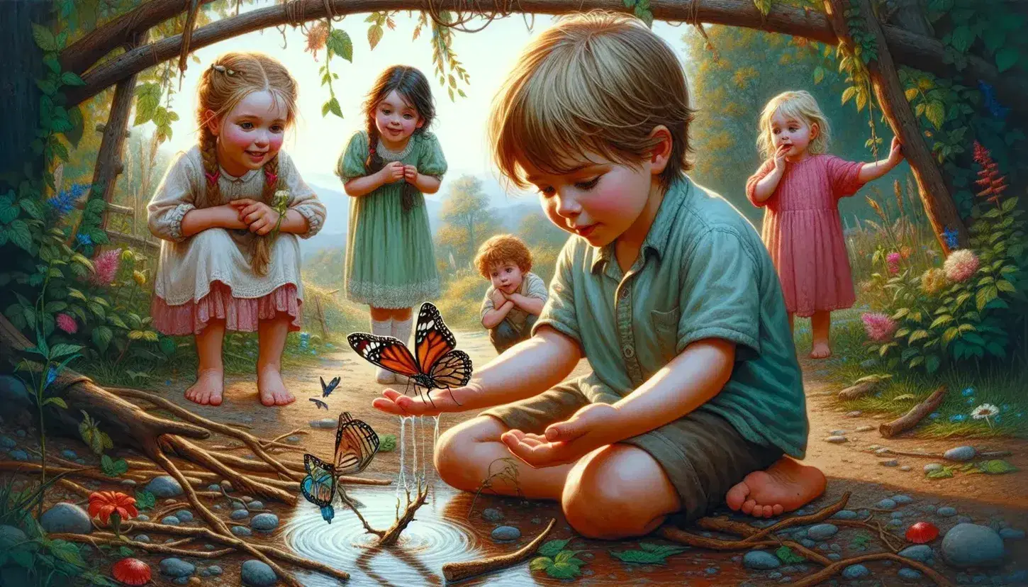 Niños jugando en la naturaleza, uno observa mariposa en su dedo, otros interactúan con agua y construyen con ramas en un bosque soleado.