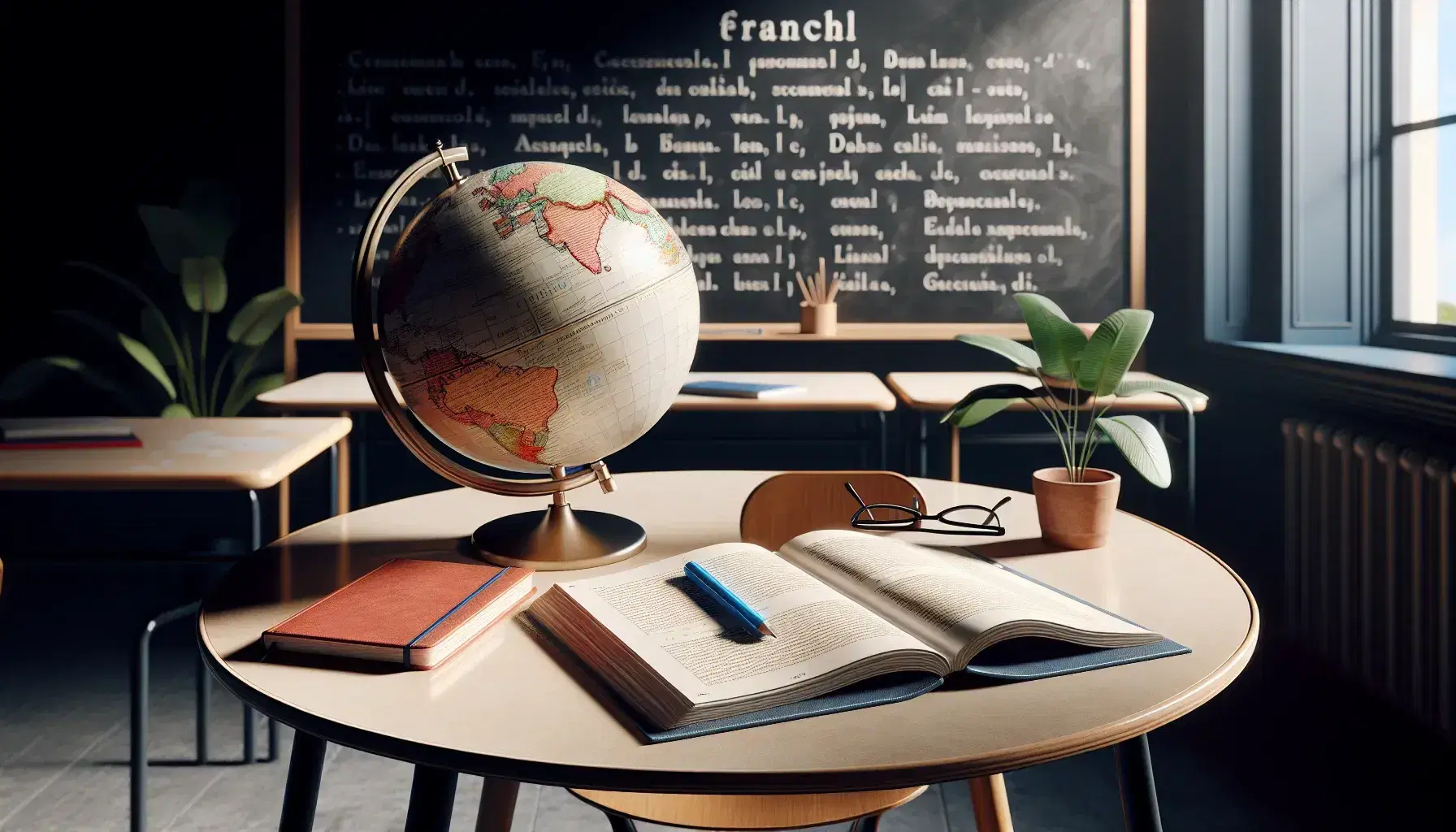 French language study setup with textbook, red notebook, blue pen, eyeglasses on a table, a globe, and a potted plant beside a blank chalkboard.