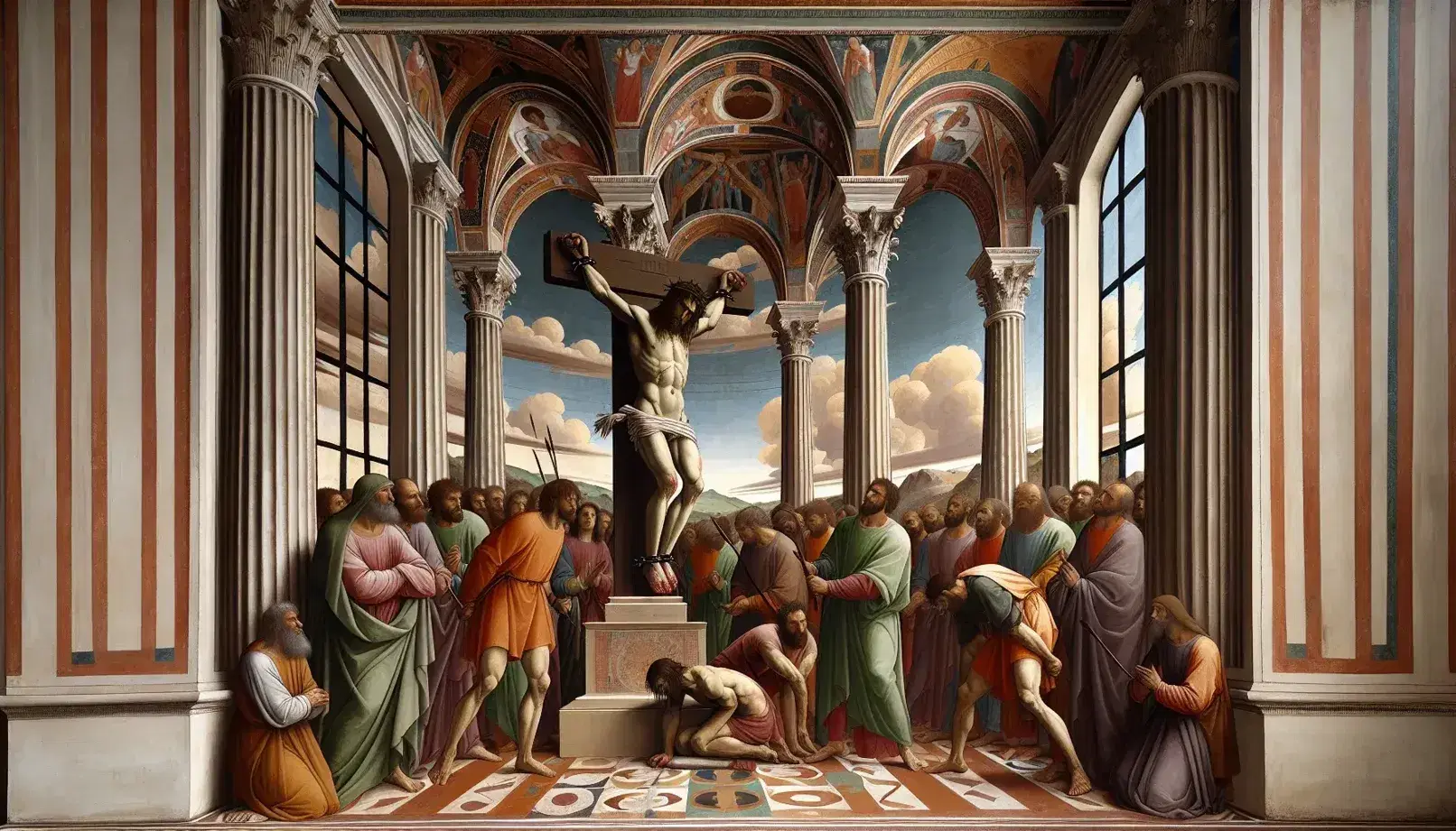 Riproduzione del fresco 'La Flagellazione di Cristo' di Piero della Francesca con Cristo legato, due aguzzini, Pilato e tre osservatori.