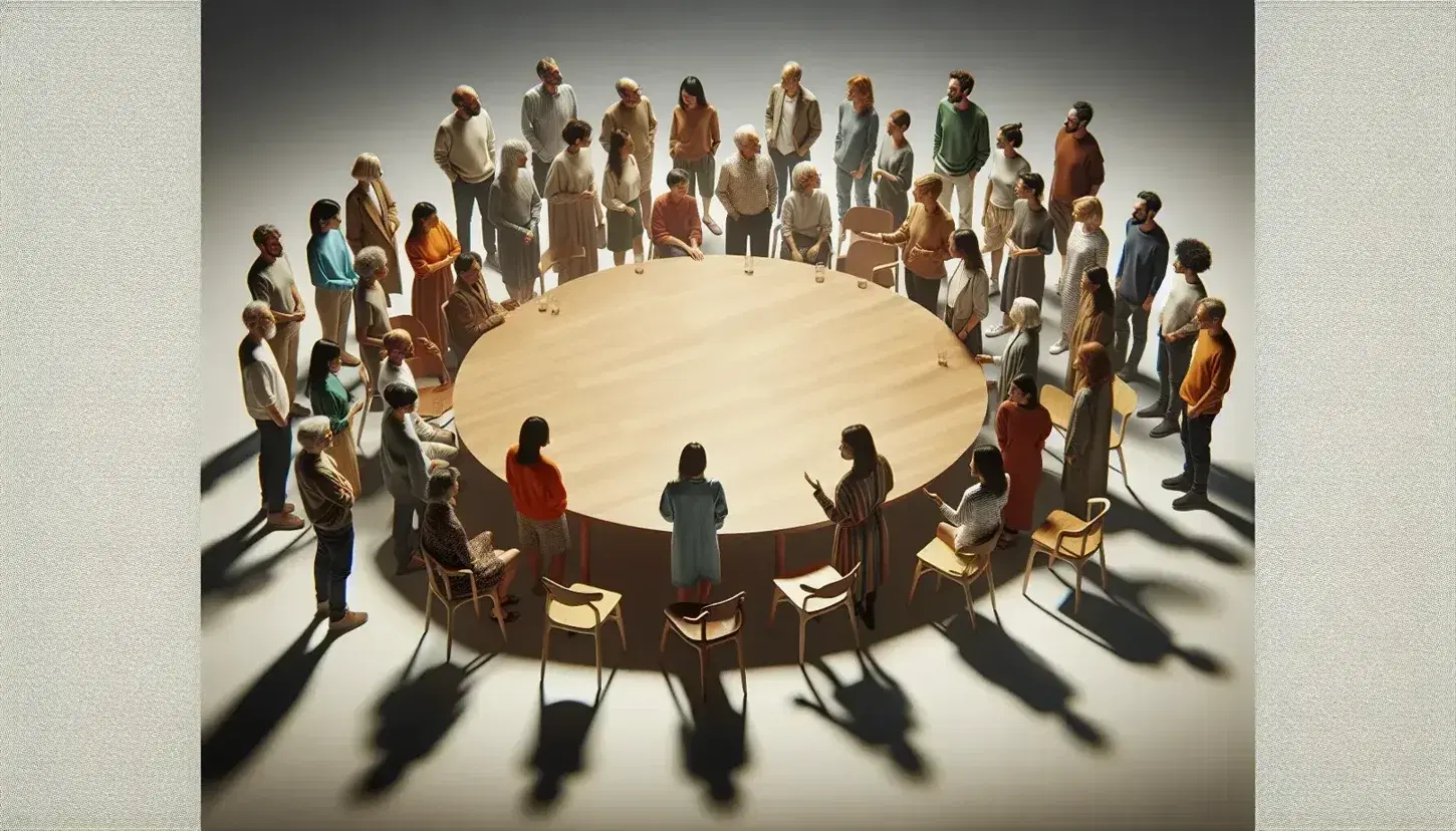 Grupo diverso conversando alrededor de una mesa redonda de madera en un ambiente acogedor, reflejando inclusión y diálogo sin distracciones en el fondo.