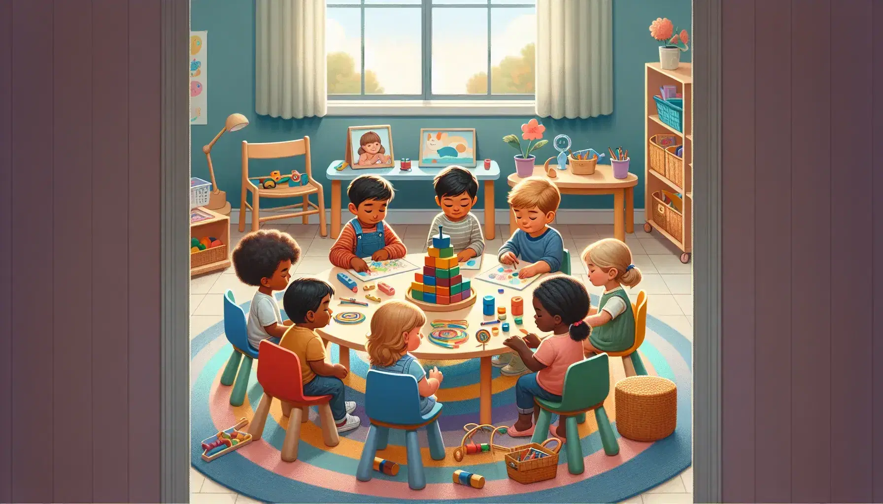 Quiet classroom with six children of different ethnicities sitting around a circular table engaged in educational activities, natural light.