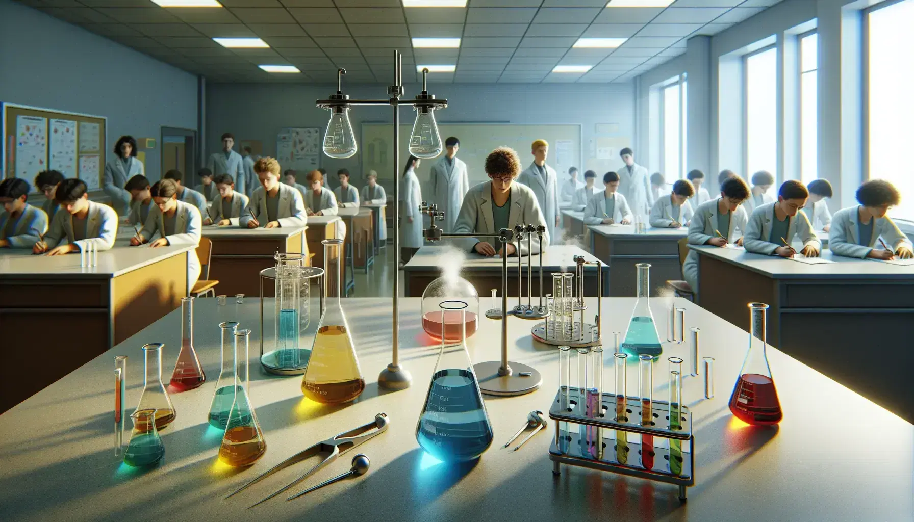 Laboratorio de ciencias con estudiantes en bata observando experimentos, mesas con matraces Erlenmeyer de colores y tubo de ensayo con vapor.