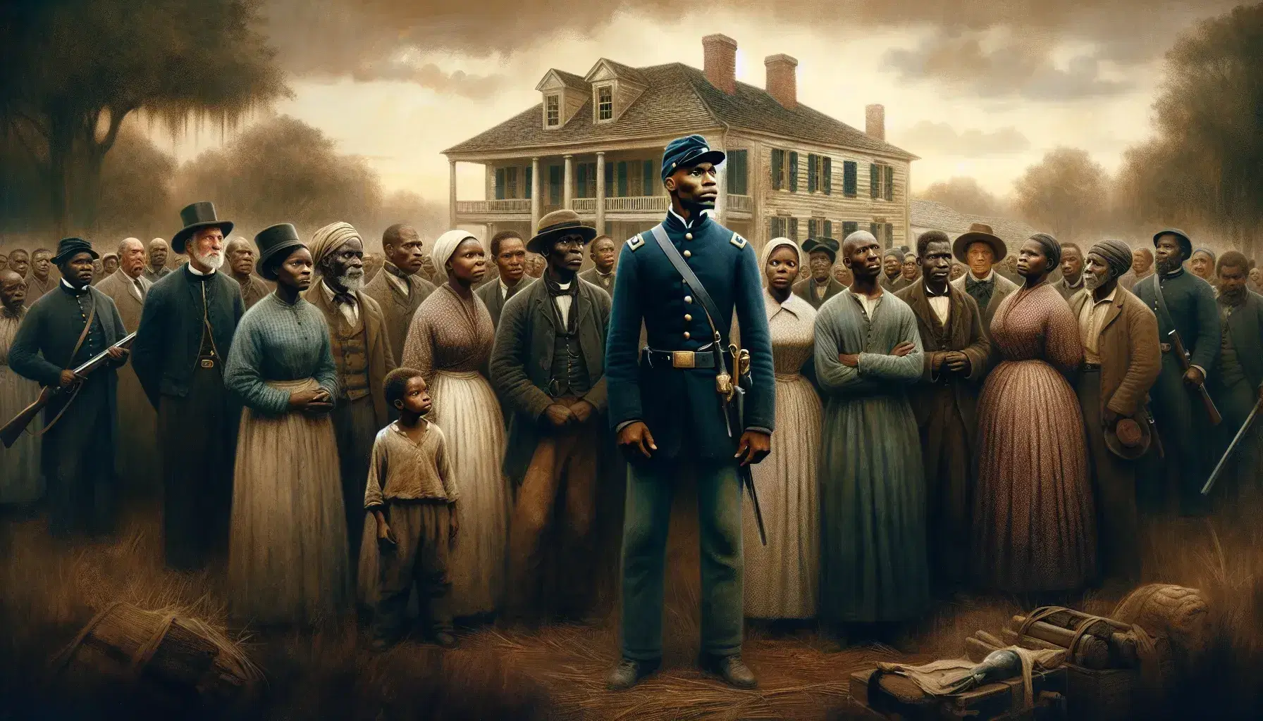 Group of hopeful African Americans in 1860s attire with a Union soldier standing by, near a plantation house under a clear blue sky.