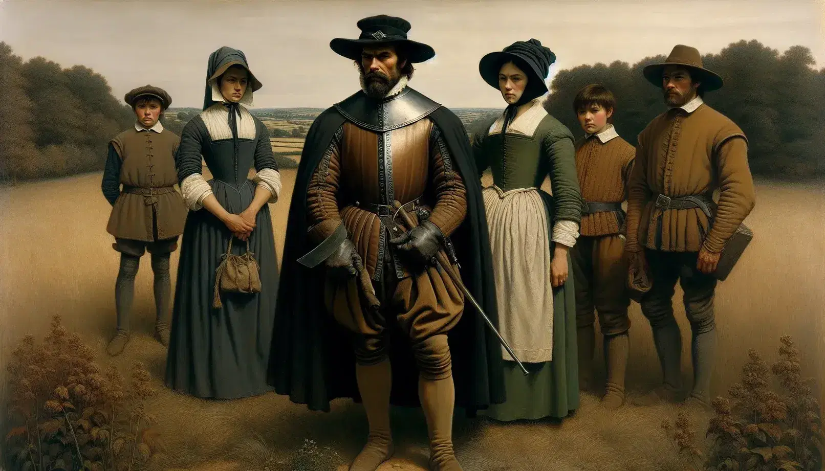 16th-century English rural scene with solemn figures in period attire, a yeoman with a billhook, a boy, a woman with a book, and men with farm tools.