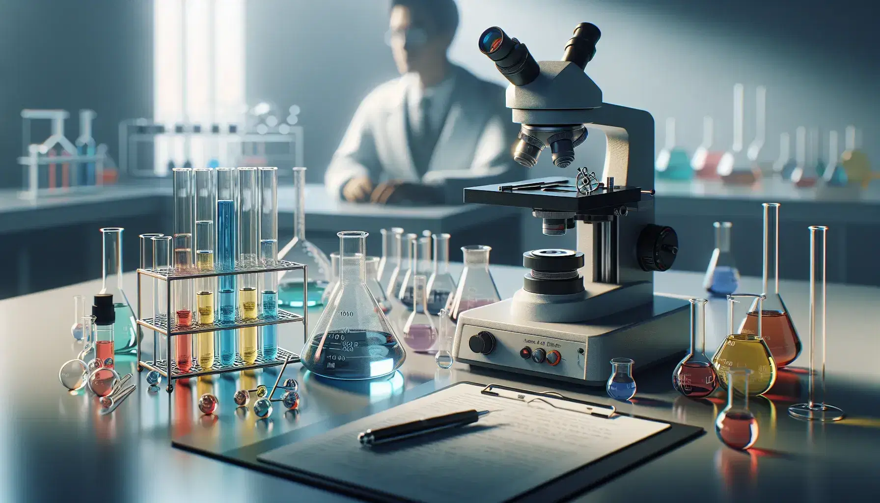 Laboratorio chimico con becher colorati, piastra riscaldante, provette e microscopio, figura sfocata di scienziato in sfondo.