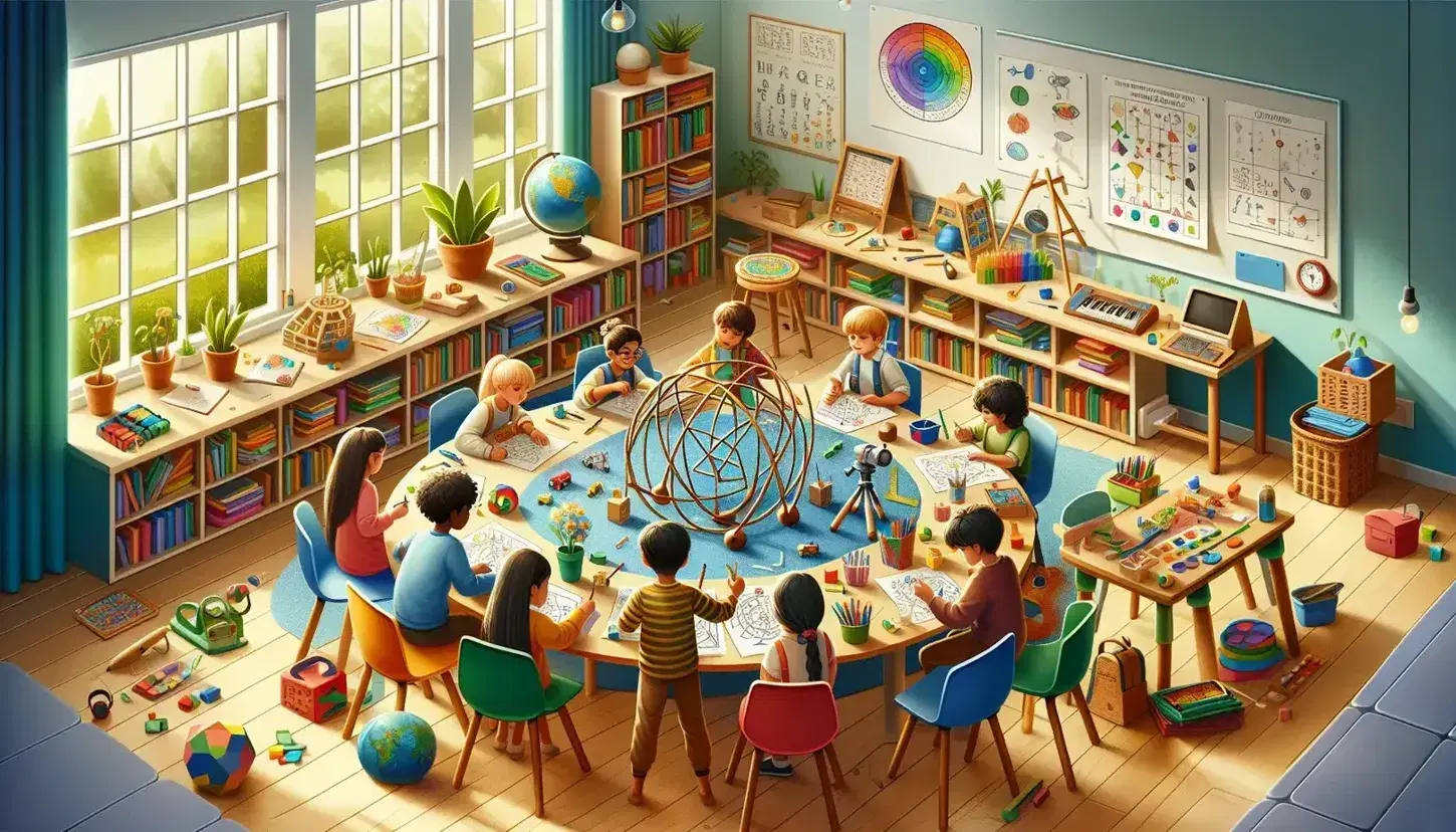 Aula scolastica colorata con studenti diversi seduti in cerchio, impegnati in attività creative, circondati da libri e materiali didattici, con luce naturale.