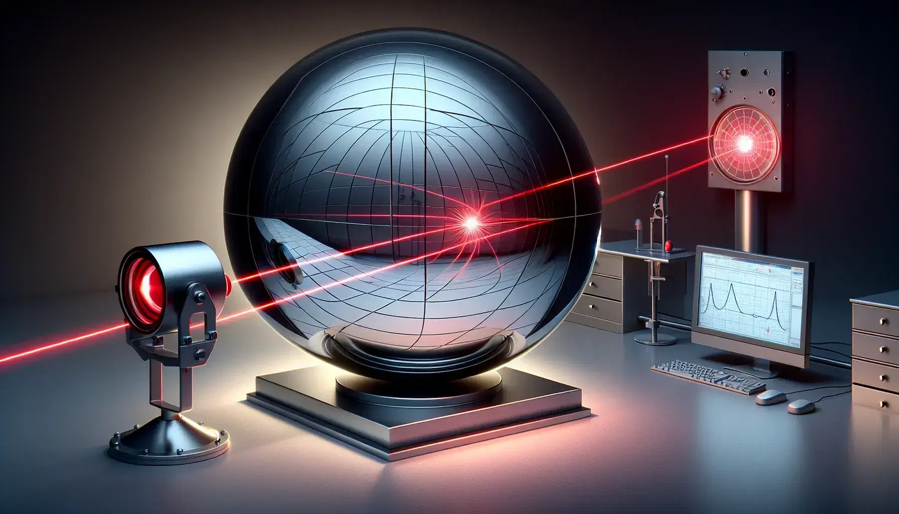 Concave and convex spherical mirrors on stands in a lab, with laser beams demonstrating light convergence and divergence on a white screen.
