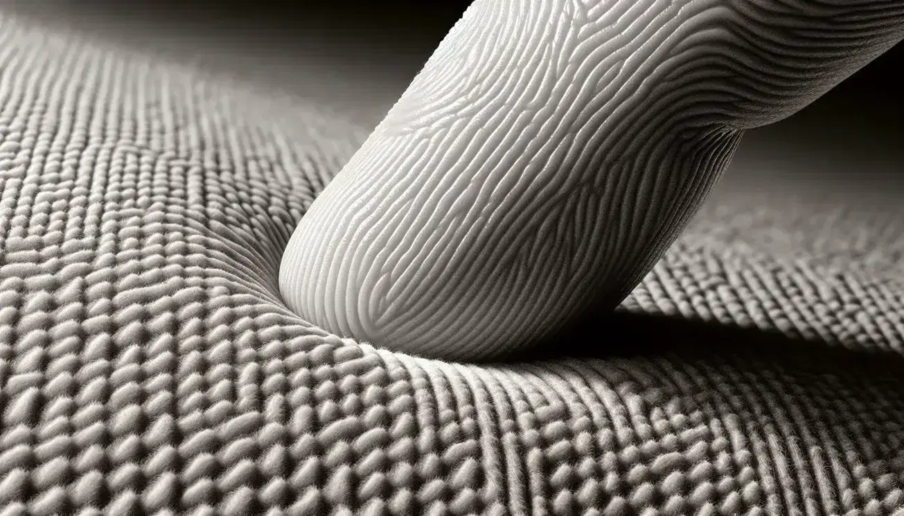 Close-up of a human fingertip pressing on a textured beige fabric, highlighting the detailed skin patterns and fabric weave.