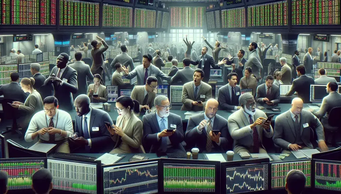 Diverse stock traders actively engage on a busy exchange floor with a central digital ticker showing market fluctuations.