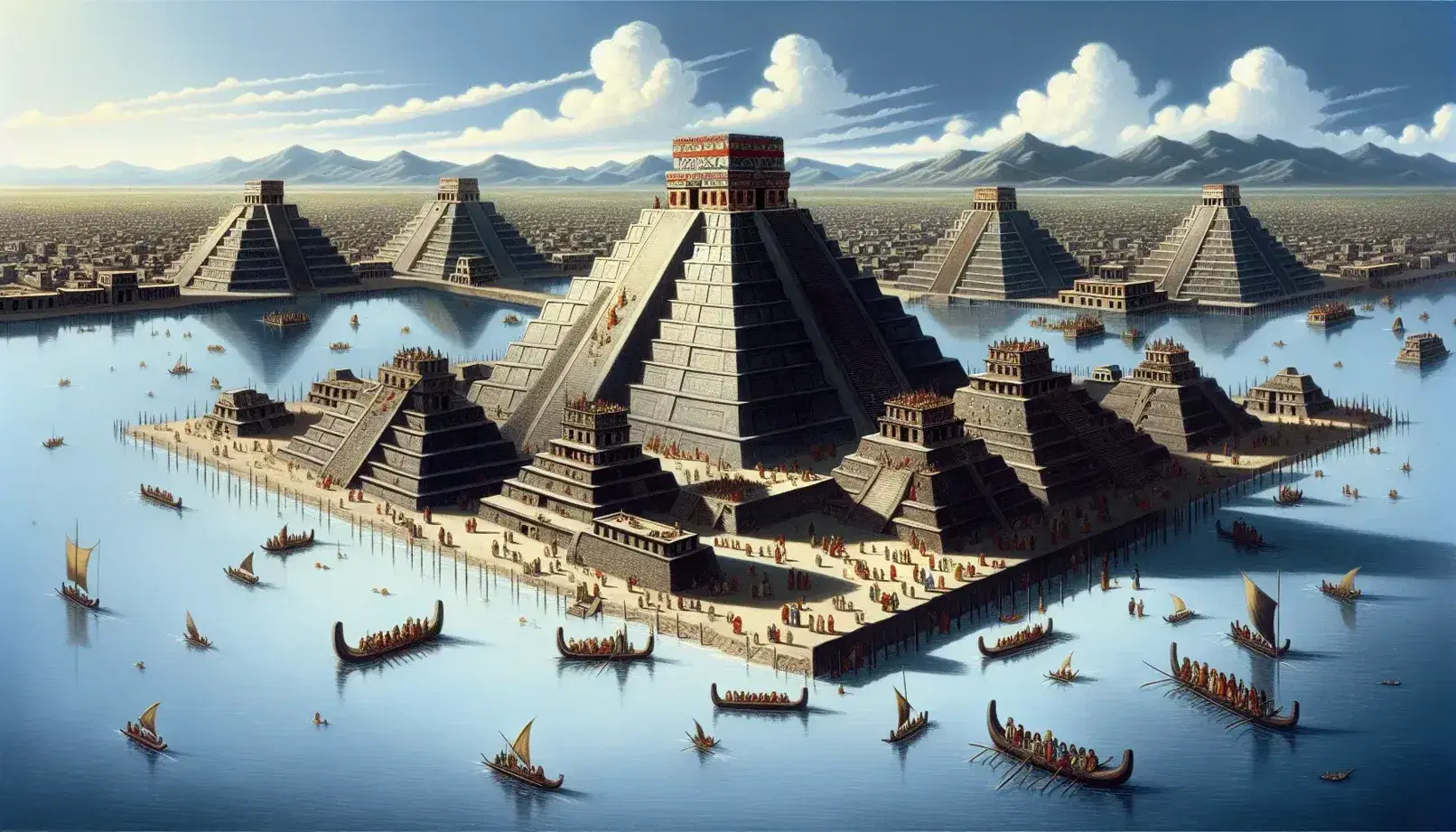 Ricostruzione artistica aerea di Tenochtitlán con il Templo Mayor, canali d'acqua, canoe e montagne sullo sfondo.