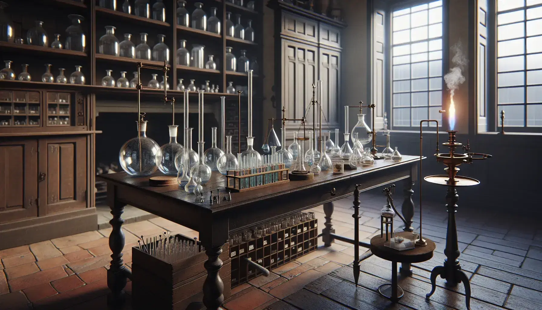 Laboratorio de química del siglo XVIII con mesa de madera oscura, recipientes de vidrio, quemador de alcohol y balanza de brazos iguales.