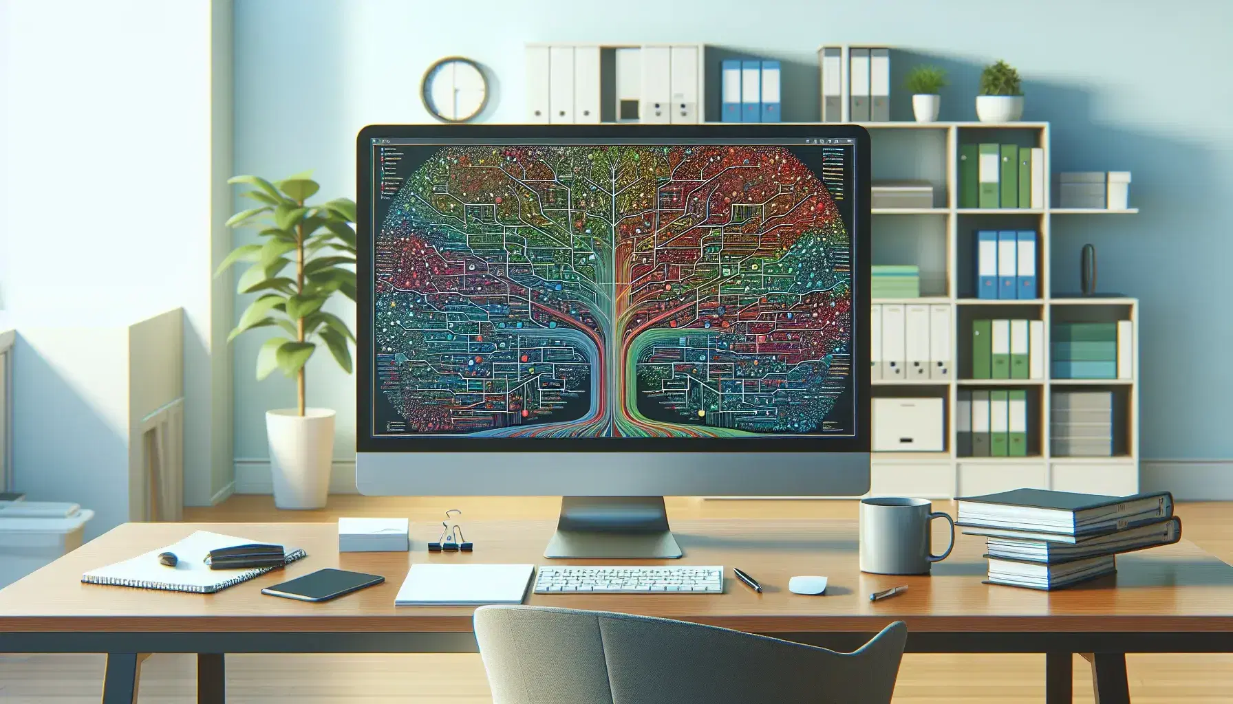 Organized office desk with modern computer displaying a colorful decision tree, notepad, pen, and steaming coffee mug, surrounded by green plants and natural light.