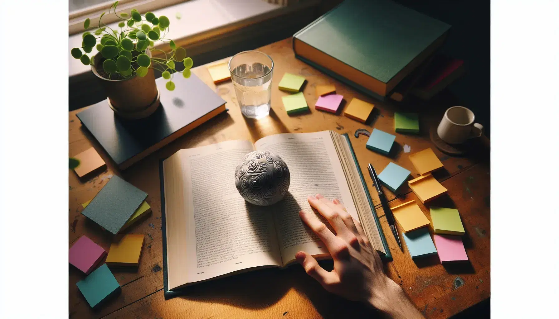 Wooden desk with open book, stress ball, colorful post-its, glass of water and green plant, illuminated by natural light.