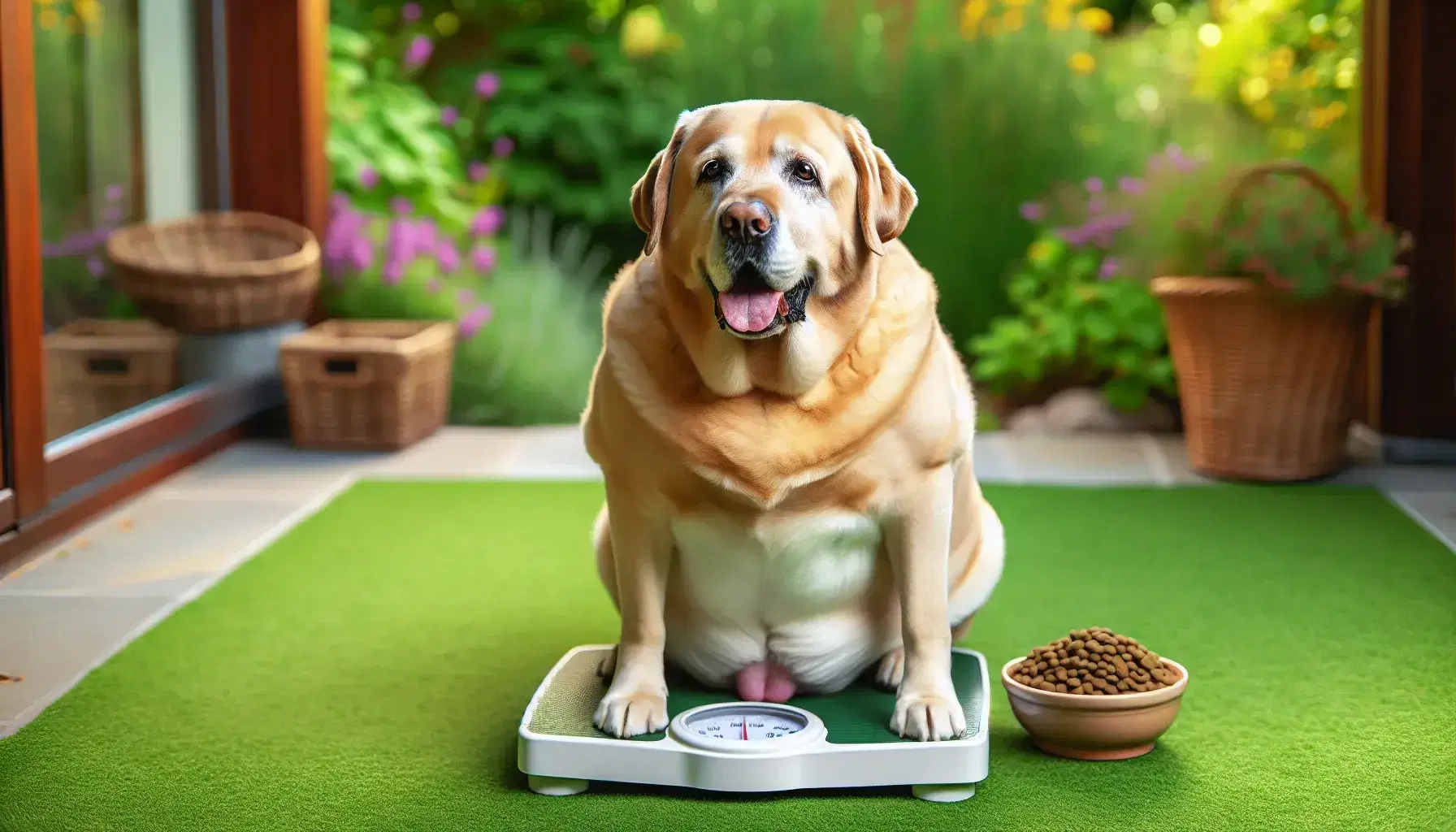Labrador Retriever dorado con sobrepeso sentado en césped junto a báscula blanca, plato de comida y jardín florido de fondo.