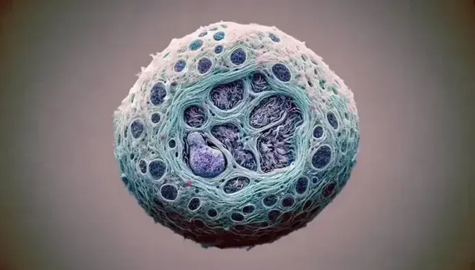 Nucleo di cellula eucariotica al microscopio con nucleolo in evidenza e cromatina visibile, colorazione blu-viola su sfondo citoplasmatico rosa-grigio.