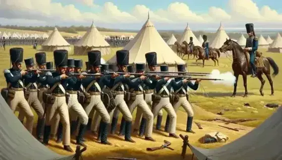 Soldados del siglo XIX en uniformes azules y blancos con mosquetes y bayonetas en un campo de batalla, tiendas de campaña al fondo y un caballo castaño inquieto.