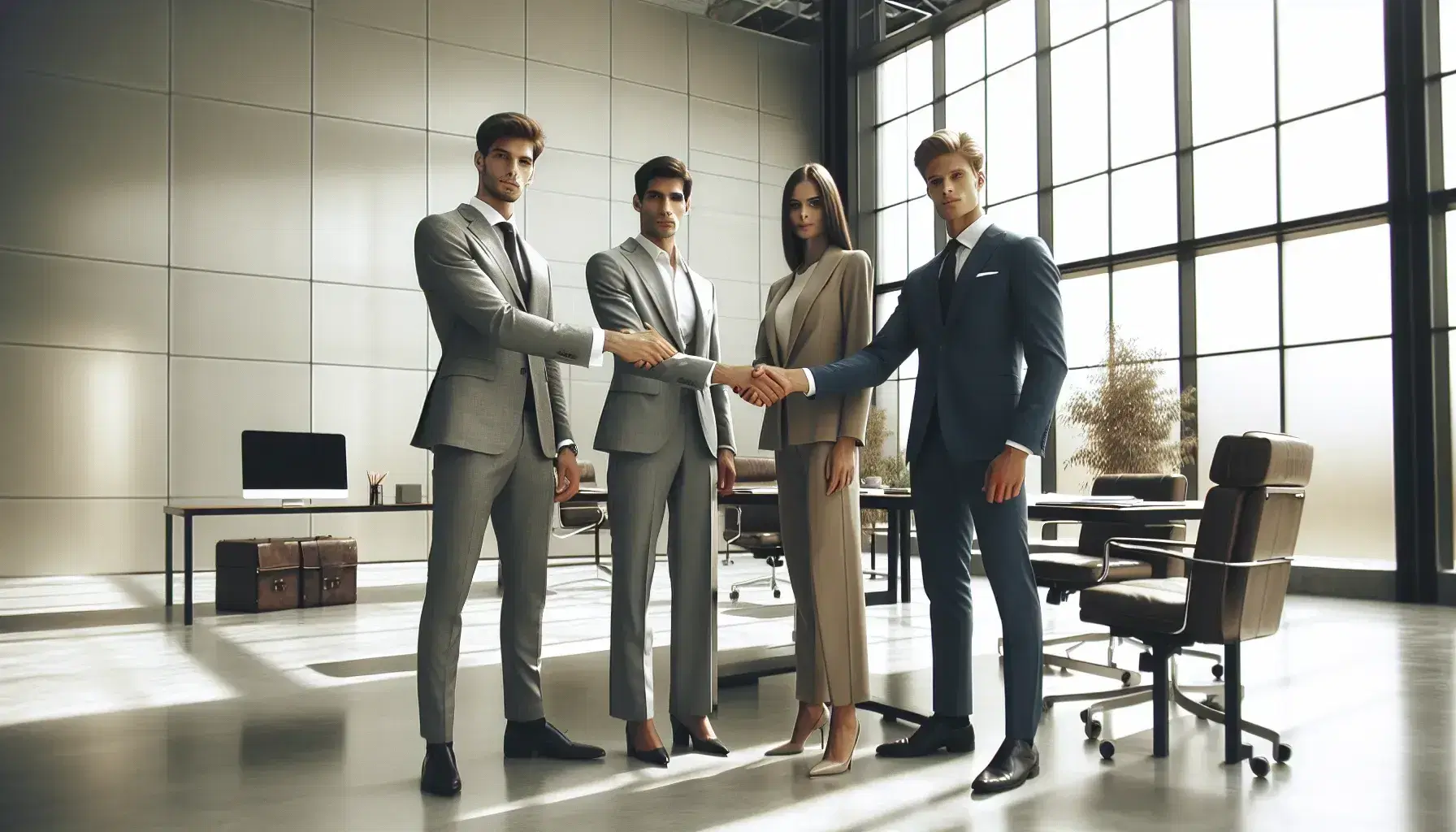 Tre professionisti in abiti eleganti si stringono la mano in un ufficio luminoso, simbolo di accordo commerciale.