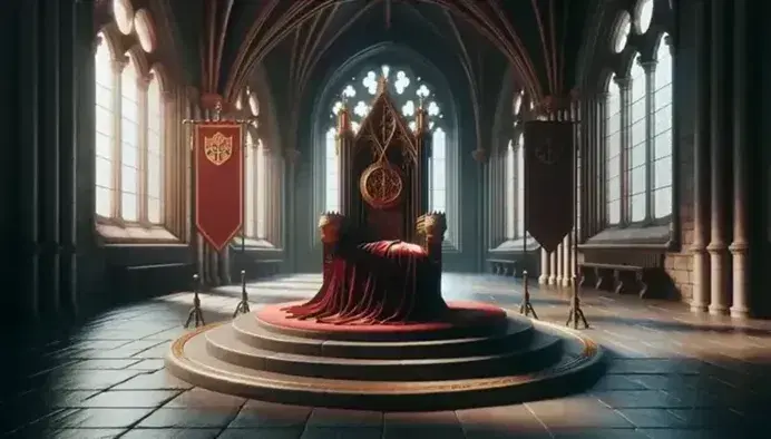 Trono antiguo tallado en madera oscura con detalles dorados y manto rojo en sala gótica, flanqueado por estandartes azules y corona dorada sobre cojín rojo.