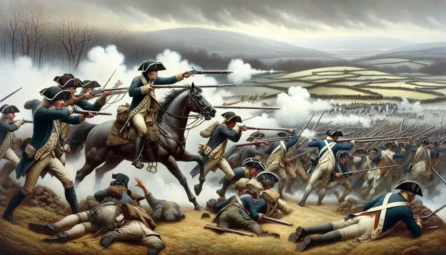 Continental Army soldiers in blue and brown uniforms fight with muskets amidst smoke, against a backdrop of autumn hills and gray sky.